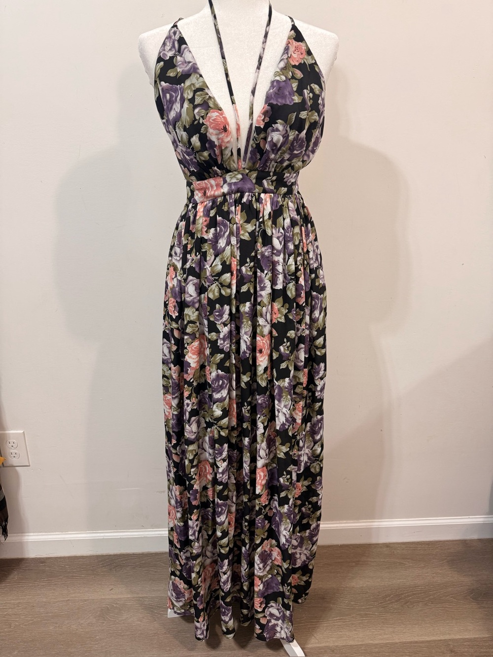 Windsor Floral Halter Black Pink Purple Flowers Spring Summer Maxi Dress Size S